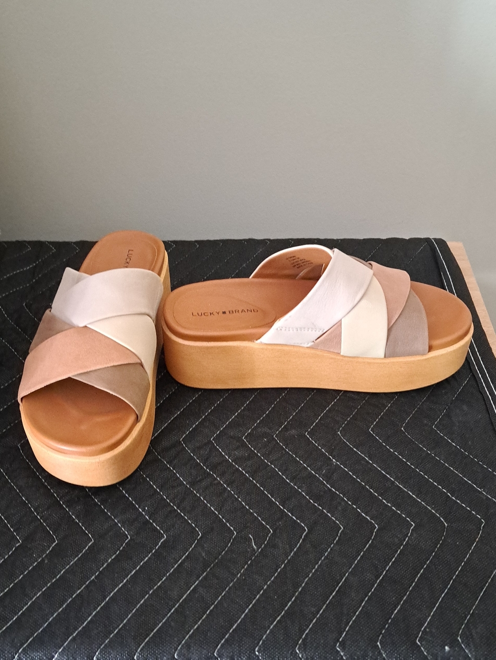 Lucky Brand Multi-Tone Crisscross Platform Slide Sandals - Beige & Taupe